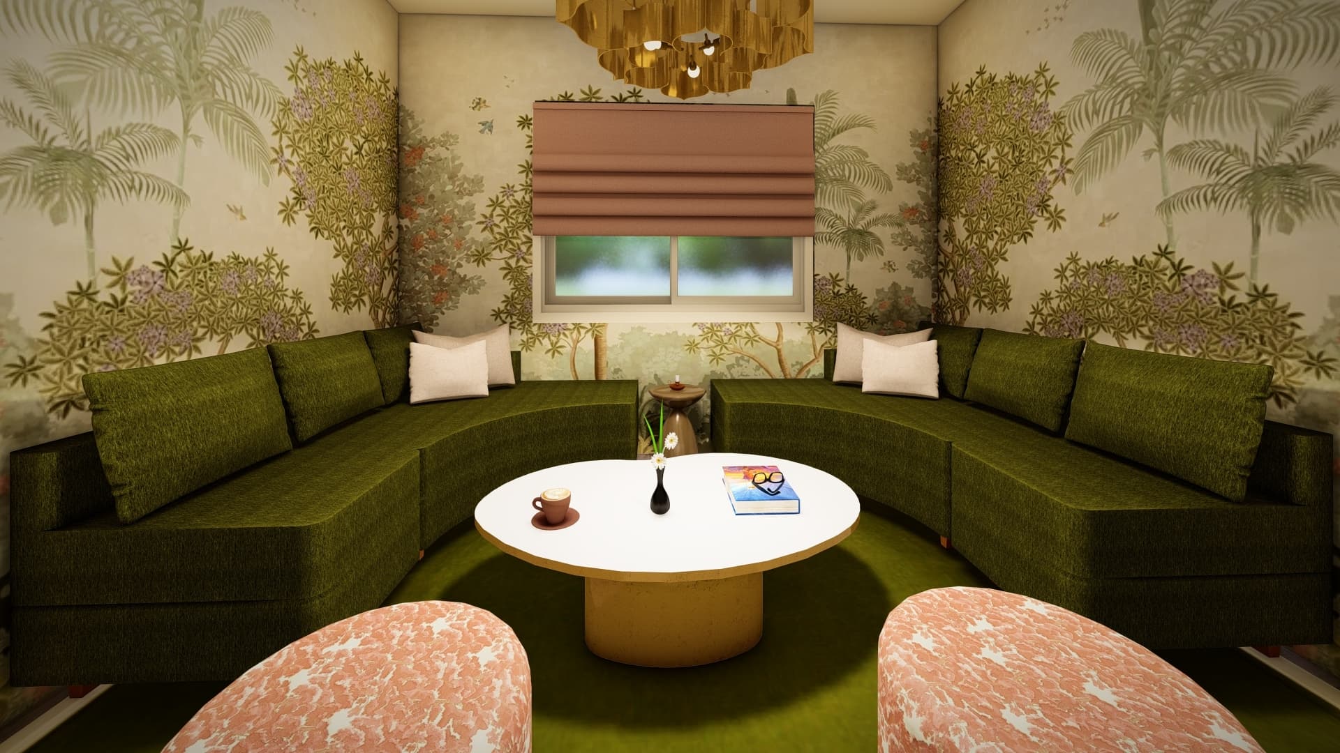 Green sofa in the center of a room with a tea table for sitting and relaxing
